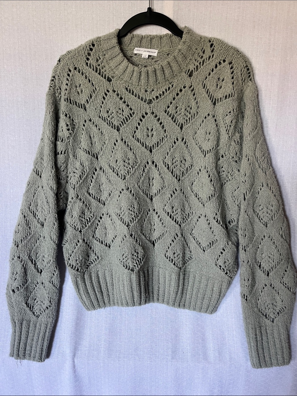 Cozy Open-Knit Sage Crewneck Sweater